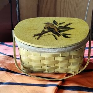 Yellow Woven Basket Purse with Bird Design